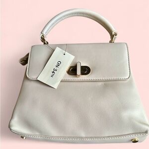 Cream Structured Satchel with Metallic Accents